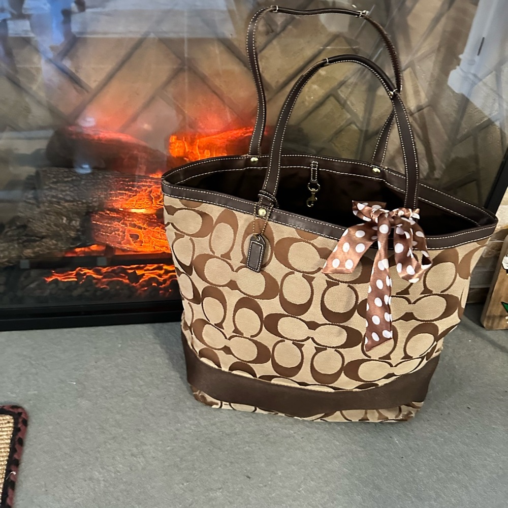 Coach Signature Canvas Tan and Brown Tote 2 tags and scarf